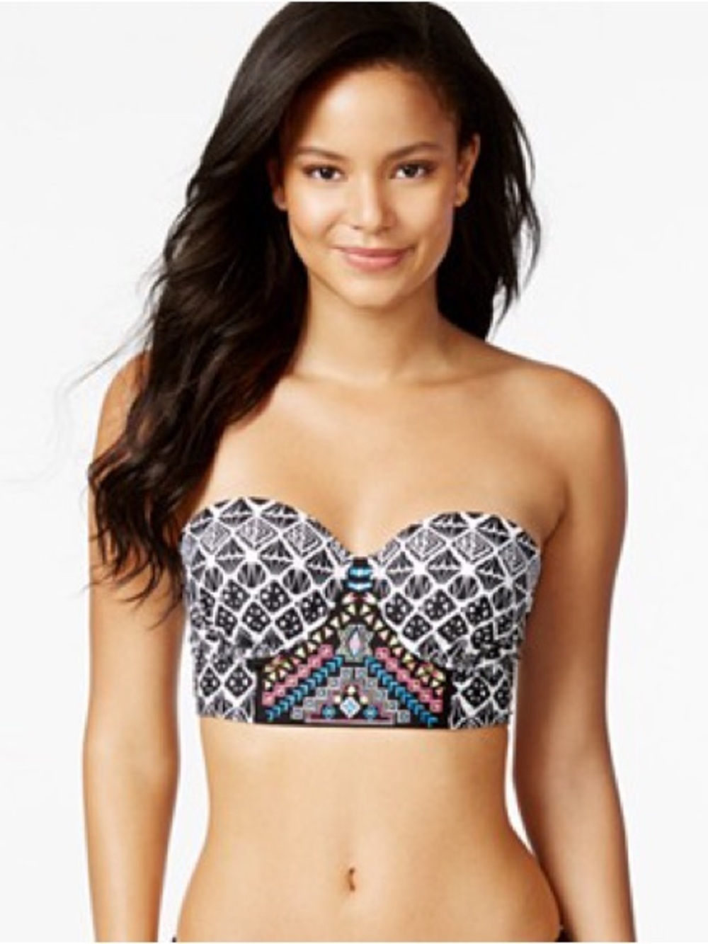 Bikini Nation Embroidered Bandeau Longline Bikini Top Multicolor Geometric